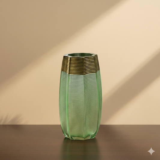 Art Deco Emerald Fluted Glass Vase with Gilded Rim