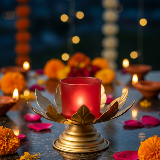 The "Crimson Lotus" Festive Votive Holder - Golden Elegance